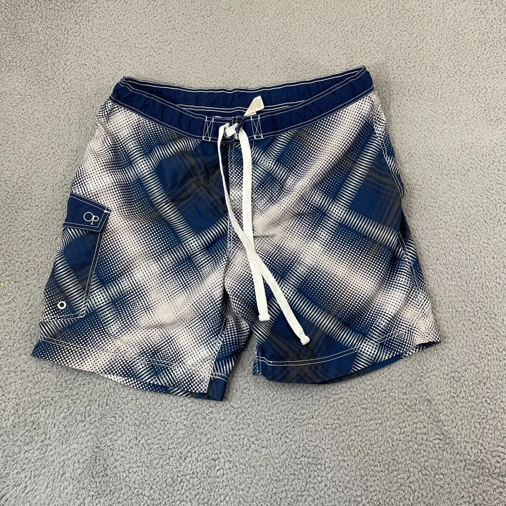 Ocean Pacific OP Swim Trunks Men XL Navy Plaid Lined Beach Surf Cargo